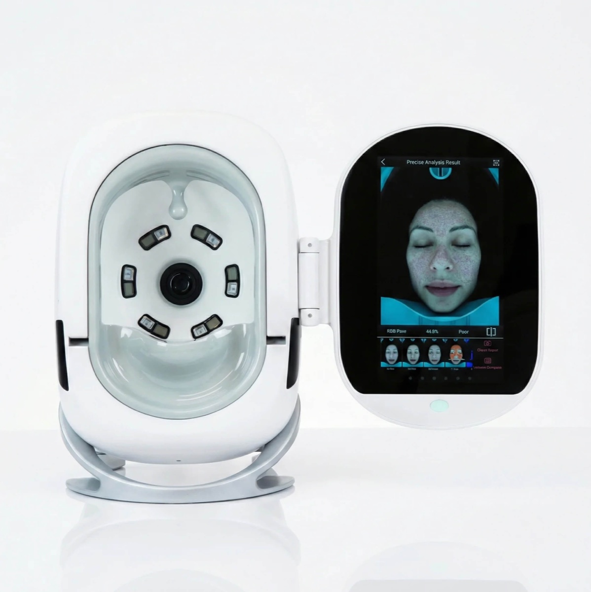 Our skin analysis scanner, with its camera hood and results screen